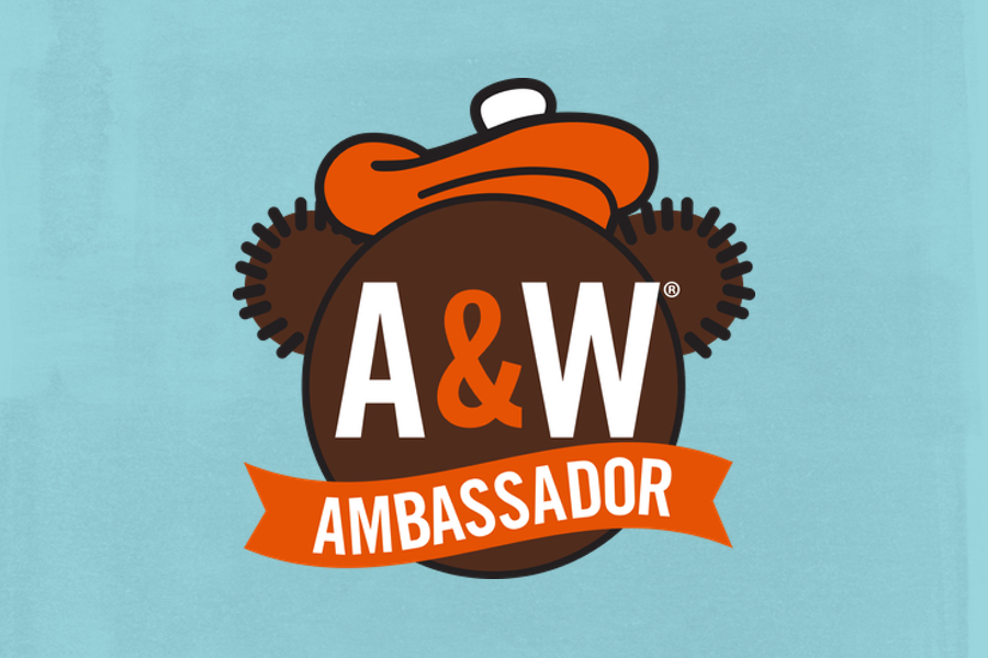 Background is blue. A&W Ambassador Logo is in the middle of the background. Logo features text "A&W Ambassador" overlaid on design of Rooty the Great Root Bear.