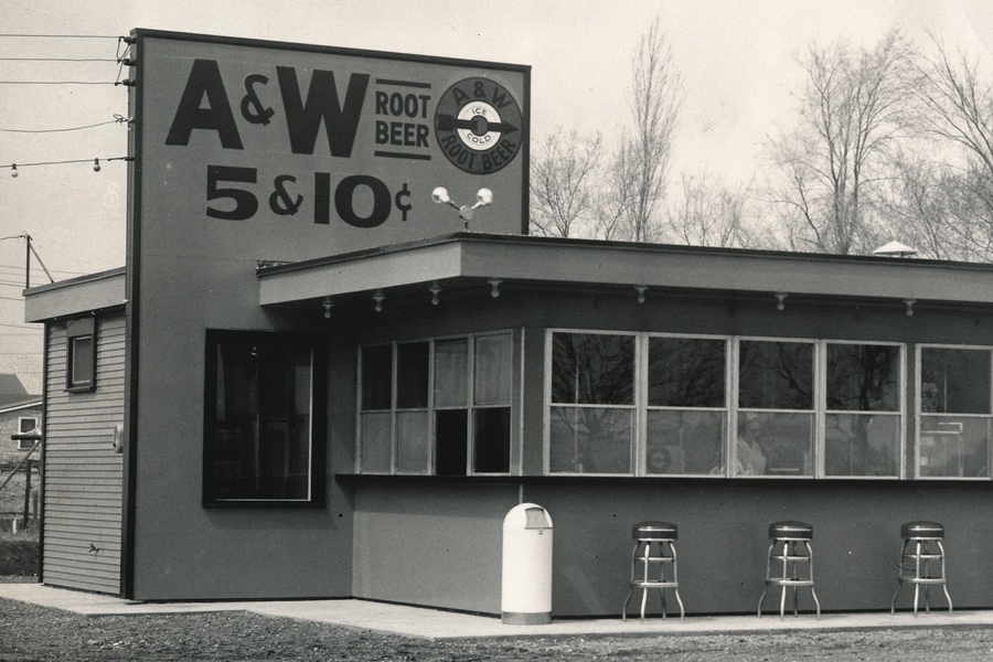 Black and White Photo of Vintage A&amp;amp;W Restaurant