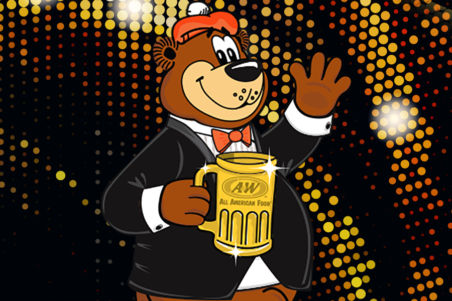 Rooty the Great Root Bear wearing tuxedo and holding gold A&amp;amp;W Mug