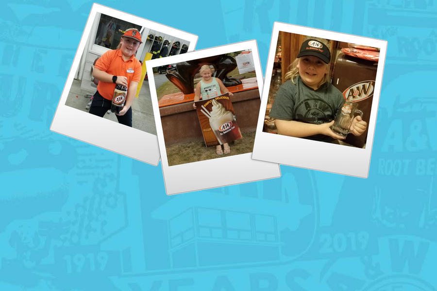 Blue background featuring 3 'polaroid' photos of Abby with her A&W Restaurants memorabilia.