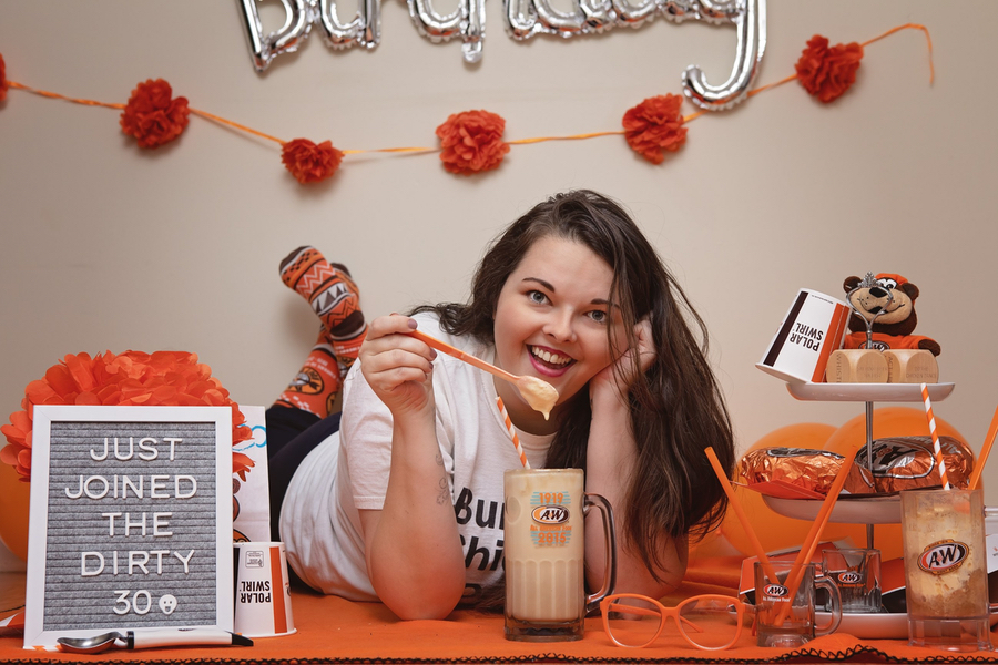 Briana with root beer float in A&amp;amp;W Restaurants mug