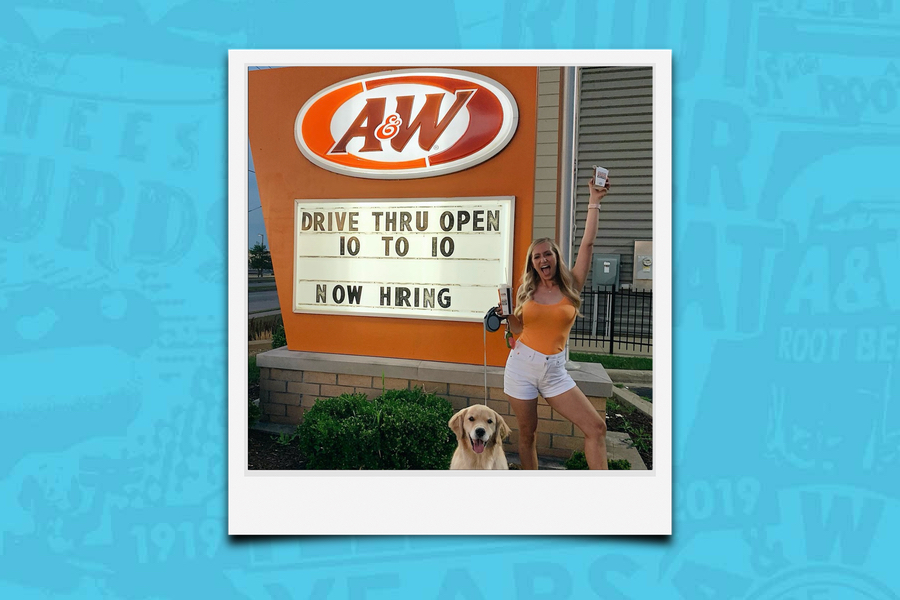 Background is blue. Polaroid of Tara Rushmer in front of A&amp;amp;W Restaurant holding a box of Cheese Curds in the air