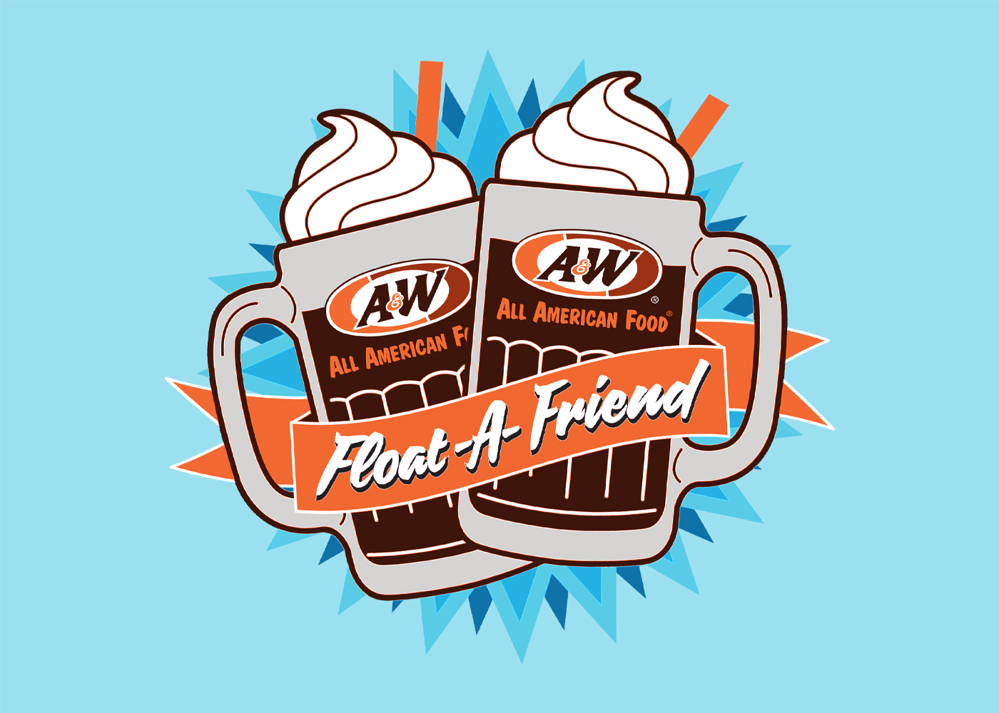 Background is light blue. Drawing of two A&amp;amp;W Root Beer Floats in the center with orange ribbon overlaid. Text inside ribbon is white and reads "Float-A-Friend"