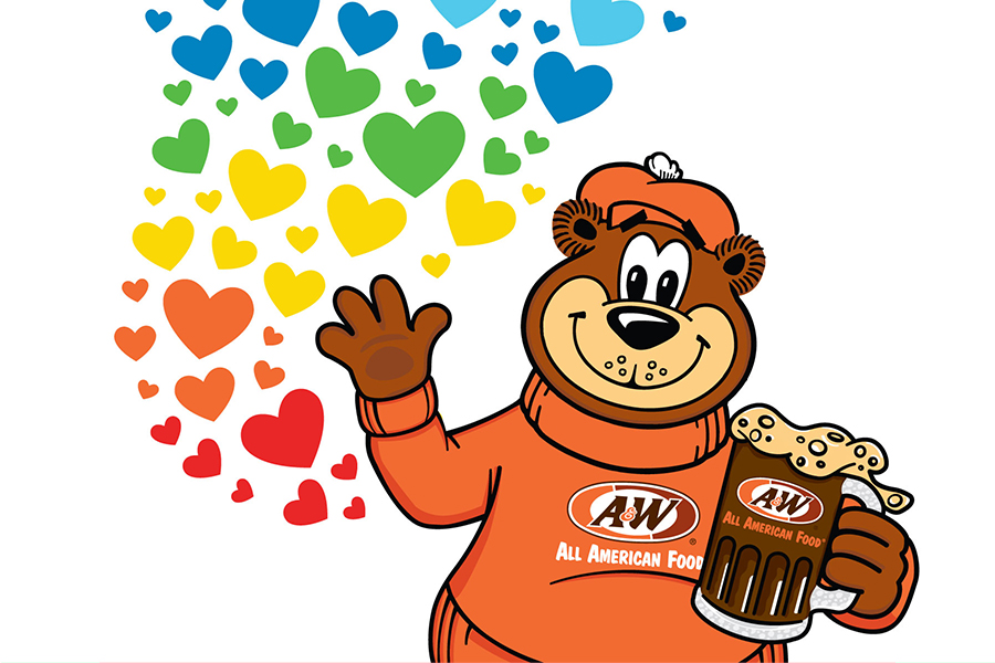 Image of Rooty the Great Root Bear holding a mug of Root Beer in right hand. Colorful hearts are on the left side of the image.