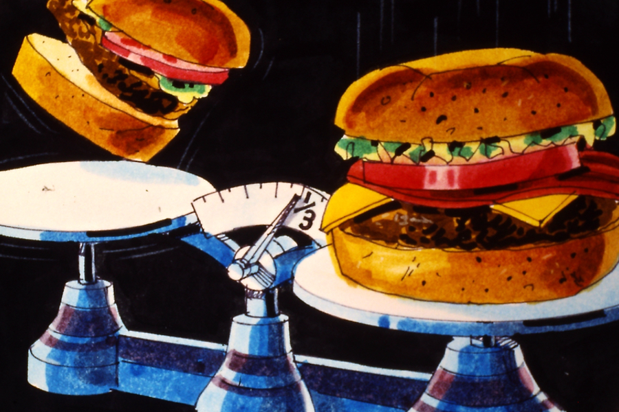 Vintage artwork of two burgers on a scale. The burger on the left scale is flying into the air and the burger in the right is falling lower. The burger on the right is listed as &quot;1/3 pound&quot; on the scale.